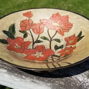 Vintage Enamelled Brass Dish Made in India, Enamelled Brass Footed Bowl, Floral Enamel Bowl, Brass Pedestal Bowl