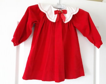 Vintage Young Girls Red Velvet Dress, 24 Month Red Velvet Dress with White Collar