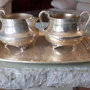 Silver Plated Cream and Sugar Set on Tray, Wm Rogers EPBM Cream and Sugar Set on Tray, Vintage Silver Plated Cream and Sugar