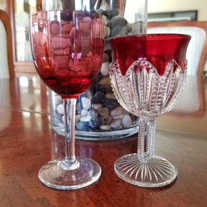 Vintage Liqueur Glasses, Set of 2 Mismatched Cordial Glasses, Cranberry Glass Cordial Glass, Ruby Stained Glass, Tulip Glasses