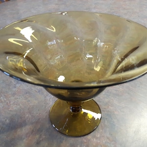 Amber Swirl Glass Pedestal Bowl, Vintage Amber Glass Dish