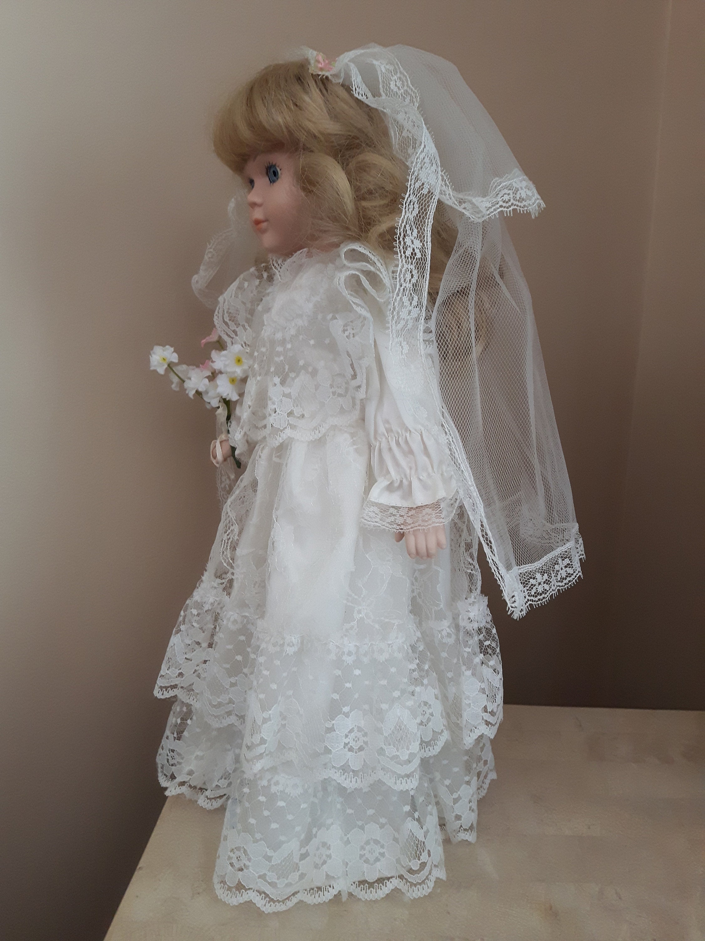 Porcelain Wedding Doll, Display Doll in Wedding Gown, Porcelain