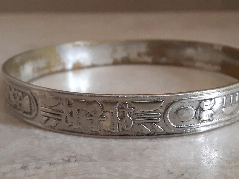 Sterling Silver Bangle Bracelet, Egyptian Hieroglyphics Silver Bracelet image 9