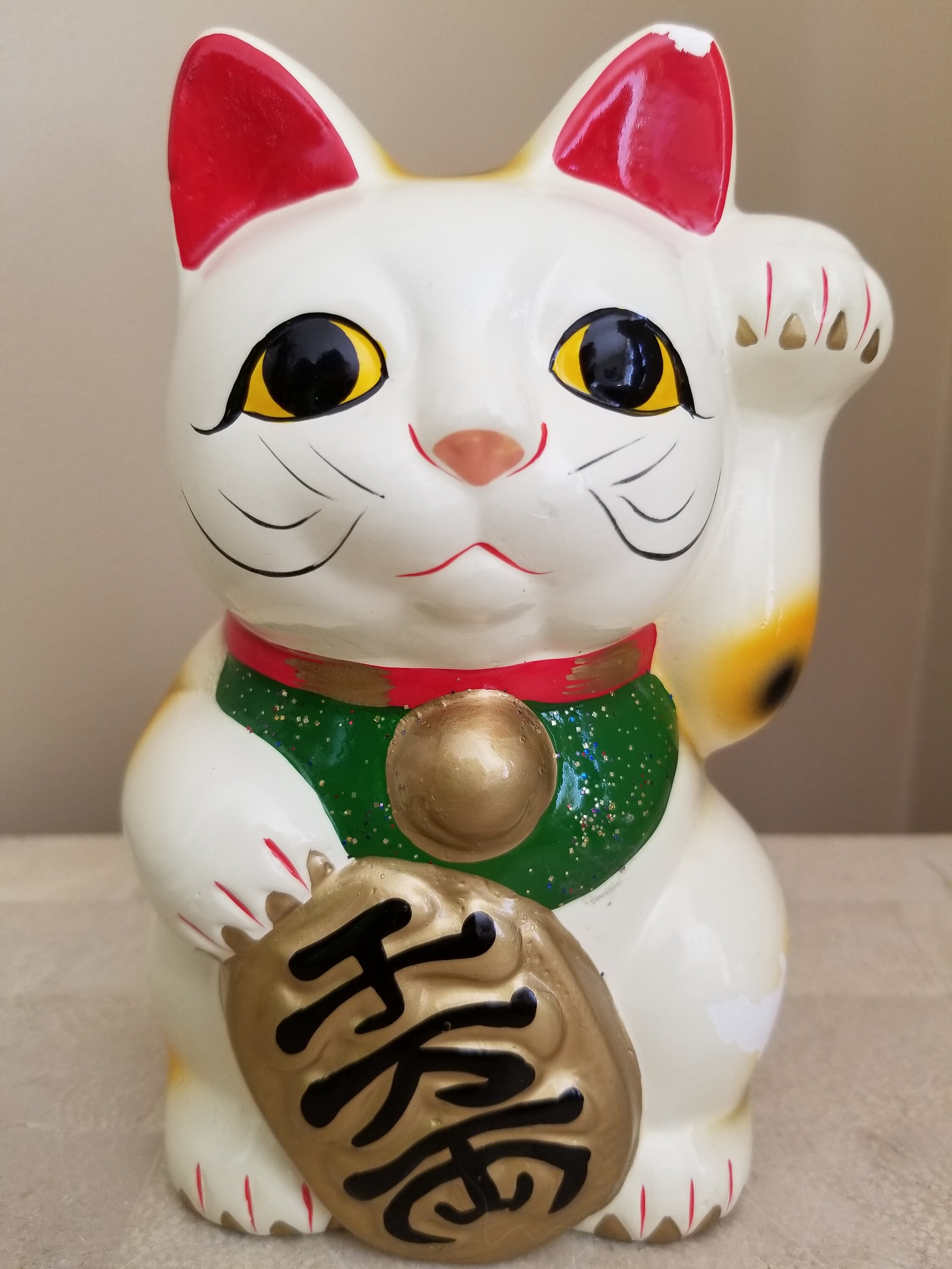 10 Pulgadas Gato Grande y ondeando, cerámica China Maneki Neko