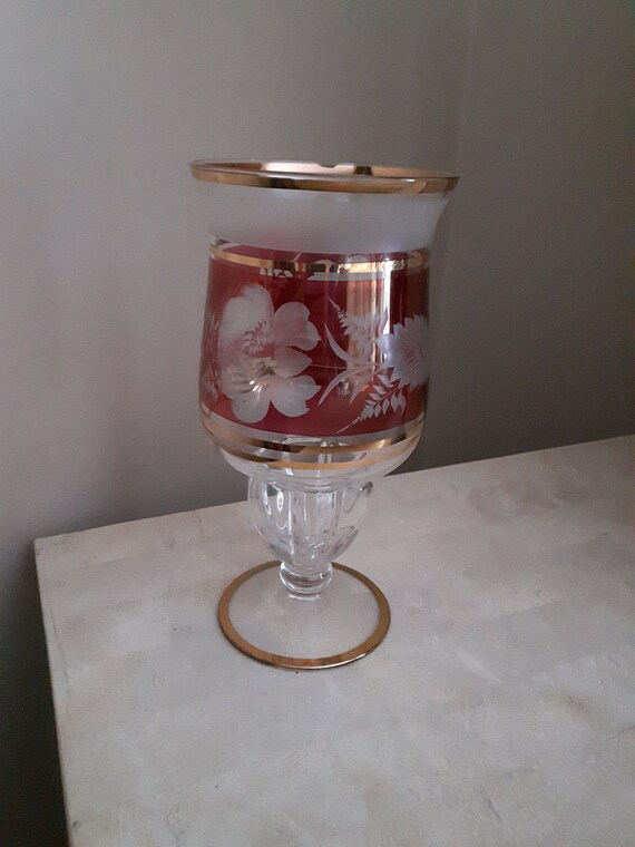 VIntage Crystal Cranberry Glass Footed Vase with Gold Trim Etsy