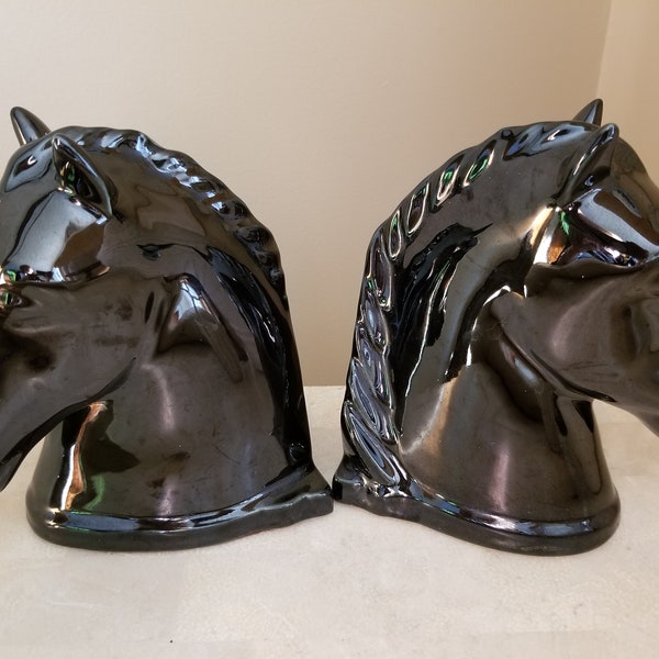 Abingdon Pottery Horse Head Bookends, Vintage Abingdon Pottery Made in the USA, Heavy Black Horse Head Ceramic Book Ends