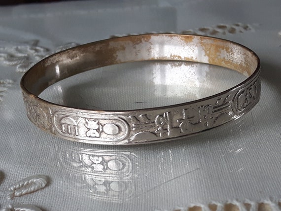 Sterling Silver Bangle Bracelet, Egyptian Hierogl… - image 1