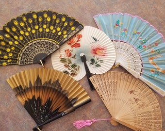 Vintage Hand Held Asian Fans, Signed Hand Painted Fabric Fan, Plastic and Silk Oriental Fans, Sandalwood Fan in Box, Chinese Paper Fan