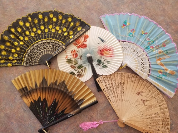 Vintage Hand Held Asian Fans Signed Hand Painted Fabric Fan