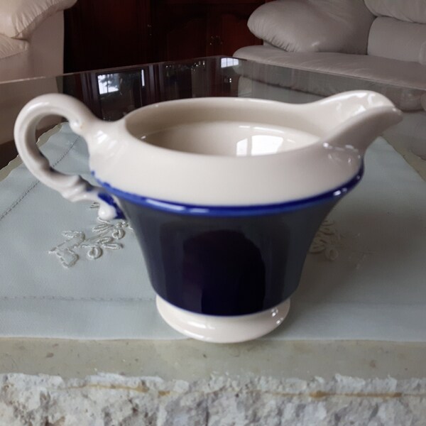 Brocca per crema in ceramica con banda blu cobalto vintage, cremiera in ceramica, brocca per crema in gres blu cobalto e bianco sporco