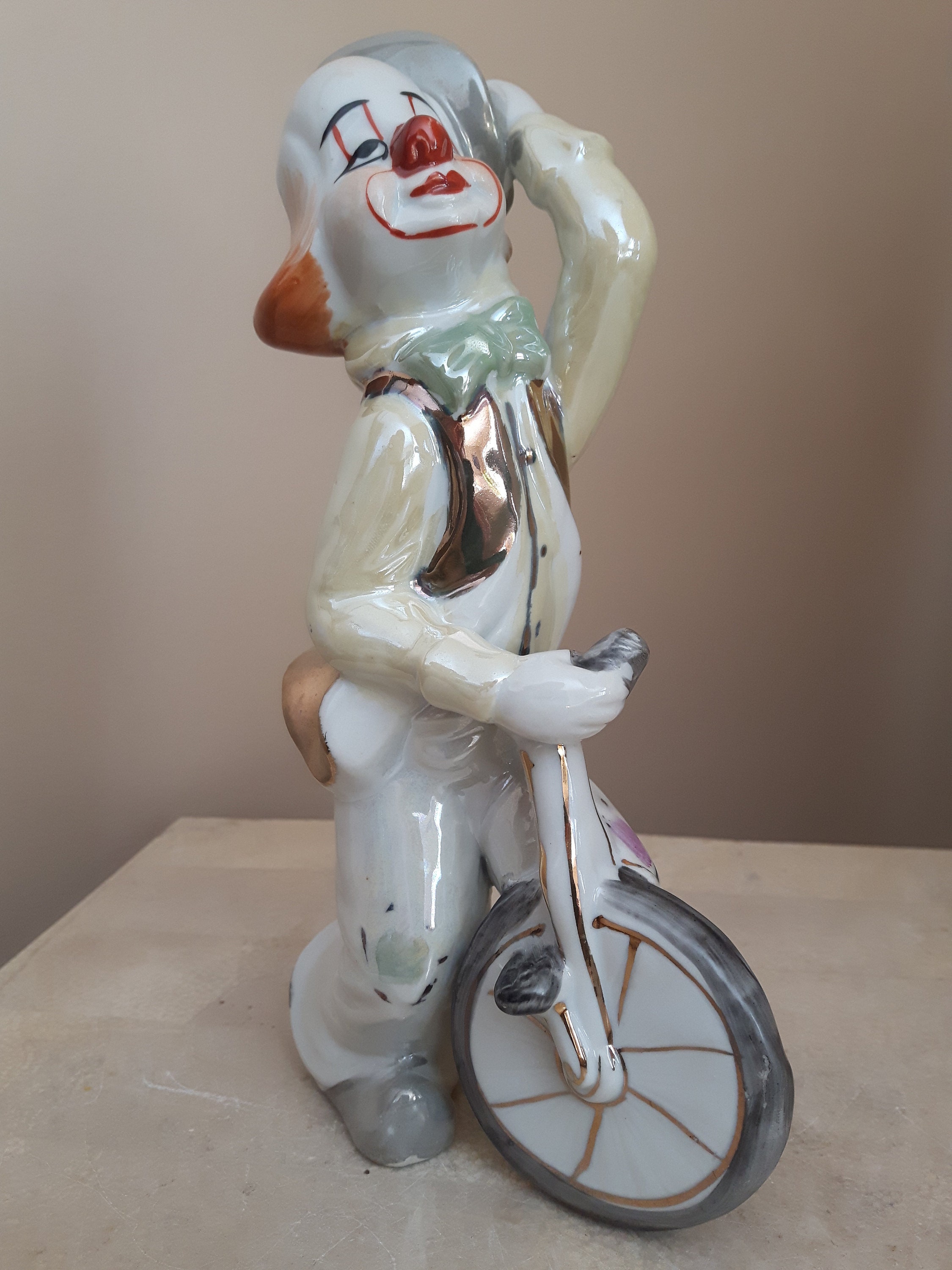Vintage Ceramic Clown With Unicycle Figurine Lustreware Clown Etsy