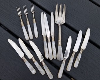 Mother of Pearl and Silver Plate Knives, Forks, Serving Fork, William Hutton & Sons Silver Plate Utensils with Mother of Pearl Handles