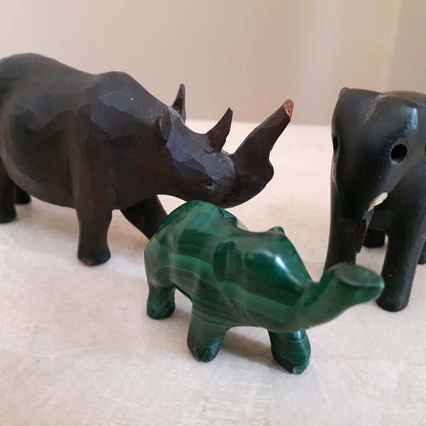 Trio of Carved African Animals, Malachite Elephant, Ebony Elephant, Carved Rhinoceros, Vintage Carved Animals