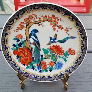 Vintage Porcelain Plate with Bluebirds and Peonies Made in Japan, Japanese Porcelain Decorative Plate