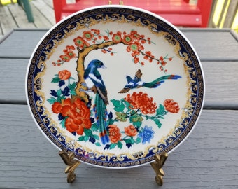 Plato de porcelana vintage con pájaros azules y peonías hechos en Japón, plato decorativo de porcelana japonesa