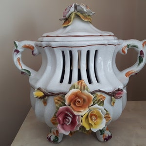 Vintage Bassano Porcelain Urn, Bassano Crackle Glaze Lidded Urn With Porcelain Flowers, Decorative Soup Tureen Bowl Italian Porcelain
