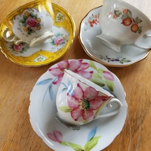 Lot of 3 Demitasse Bone China Teacups and Saucers, Hand Painted Teacups Made in Occupied Japan, Bone China Karolina Teacup Made in Poland