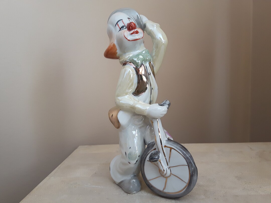 Vintage Ceramic Clown With Unicycle Figurine, Lustreware Clown on