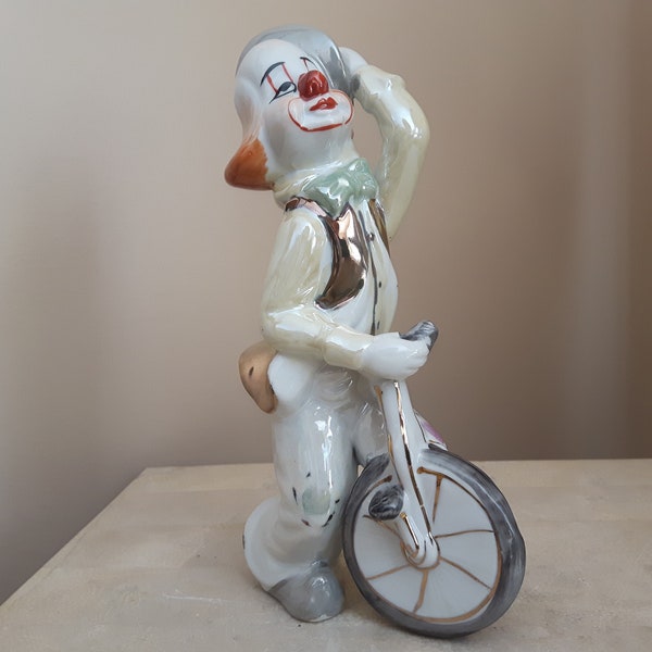 Clown en céramique vintage avec Figurine de monocycle, Clown Lustreware sur Figurine de monocycle, Statue de Clown en céramique