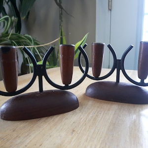 Vintage Deense Luthje Teak kandelaars, moderne teakhouten metalen kandelaars, MCM kandelaars