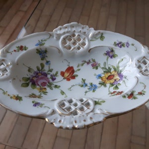 Antique German Porcelain Reticulated Dish, Footed Floral von Schierholz Porcelain Dish, Plaue Porcelain