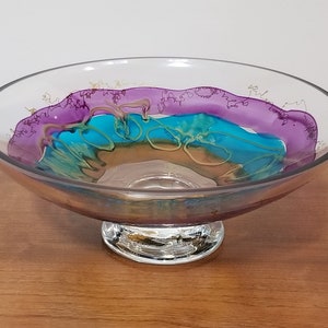 Hand Blown Art Glass Dish Made in Romania, Art Glass Centrepiece Dish, Pedestal Dish, Blown Glass Fruit Bowl