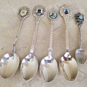 Set of 5 Vintage Travel Souvenir Spoons, Bethlehem, Jericho, Holland, Saint Pierre-Miquelon, Fortalez Souvenir Travel Spoon