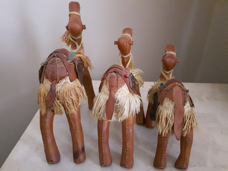 Vintage Trio of Leather Camel Figurines Leather Souvenir Camels Egyptian Camel Figurines Stuffed Leather Camel Hand Made Leather Camel