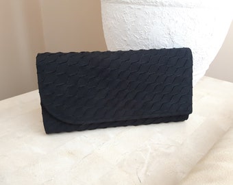 Vintage Diagonal Pleated Black Cloth Envelope Clutch Purse with Attached Inside Change Purse