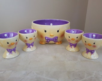 Set of 4 Eggcups and Chicken Bowl, Ceramic Polka Dot Chick Dish and Egg Cups, Ceramic Dish Set