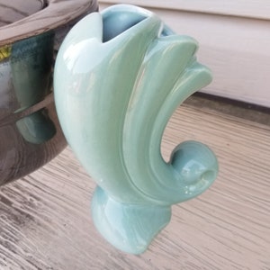 Vintage Pottery Vase, Cornucopia Vase, Green Glaze Cornucopia Vase Made in Canada, Beauceware Pottery