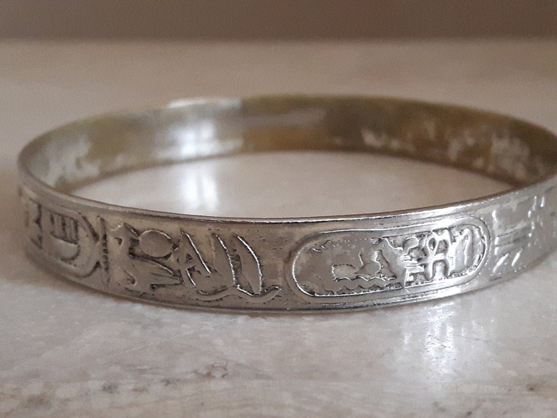 Sterling Silver Bangle Bracelet, Egyptian Hieroglyphics Silver Bracelet image 7