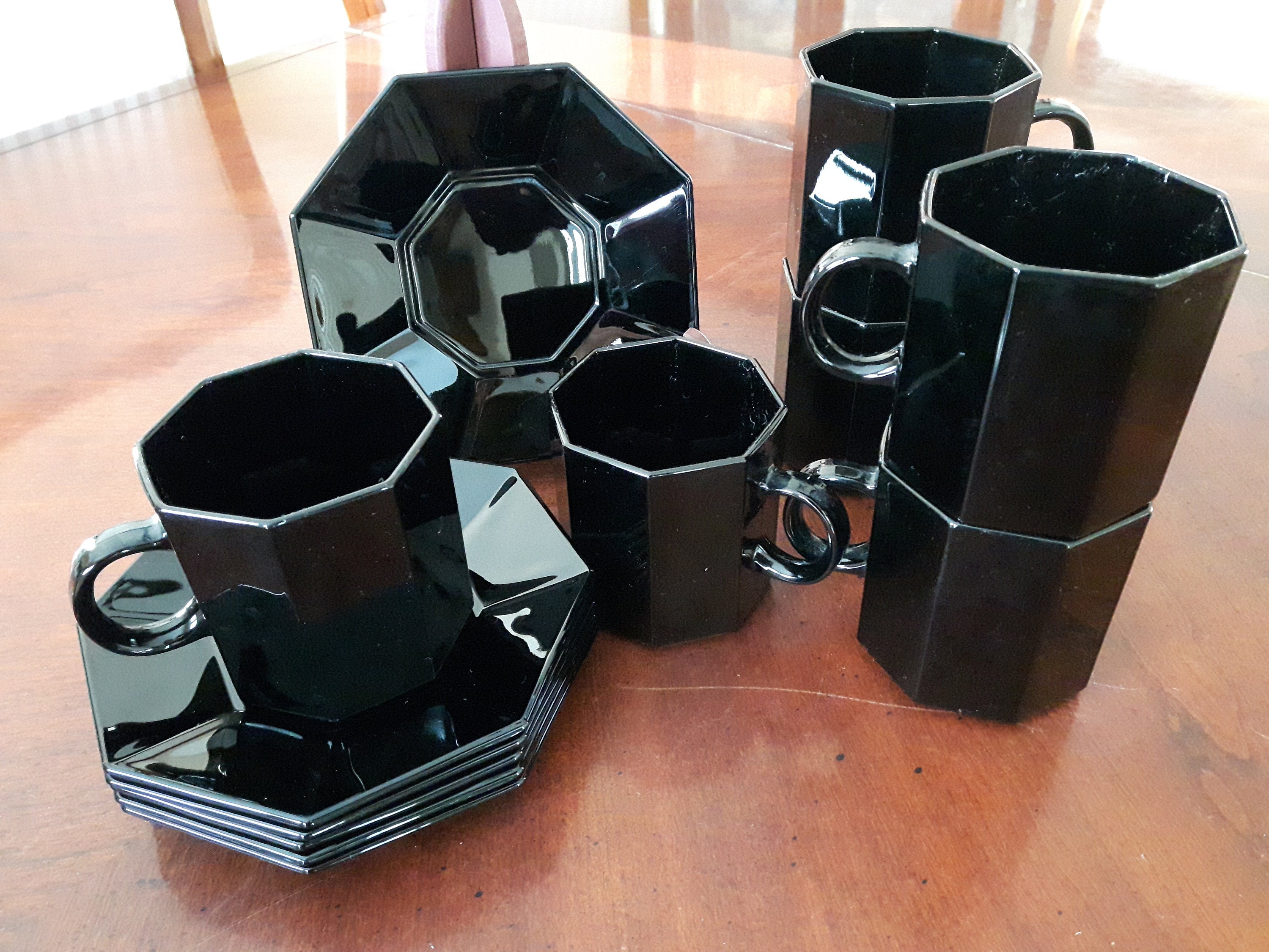 Set of 6 Luminarc Black Octagonal Cups and Saucers Made in Etsy