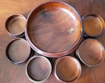 Vintage Wood Salad Bowl Set, Large Salad Bowl with 6 Small Bowls