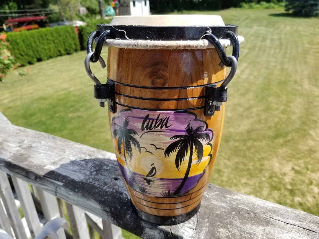 Vintage Souvenir Wood Tumbadora Drum, Hand Made Hand Painted Wood Conga