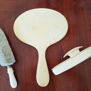 Vintage French Ivory Mirror and Nail Buffer with Clothing Brush, Vintage Celluloid Vanity Hand Mirror and Buffer