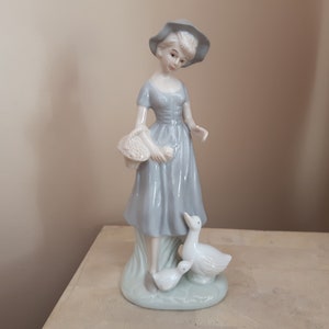 Vintage Ceramic Figurine Girl with Ducks, Porcelain Statue Girl with White Ducks