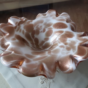 Art Glass Layered Glass Bowl, Hand Blown Cased Glass Dish, Milk Glass Freeform Bowl with Copper Inclusions, Murano Style Blown Glass Dish