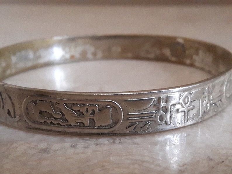 Sterling Silver Bangle Bracelet, Egyptian Hieroglyphics Silver Bracelet image 3