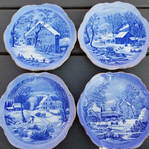 Set of 4 Currier and Ives Old Homestead Decorative Plates, Blue and White Winter Scenes Display Plates, Scalloped Edge Currier & Ives Plates