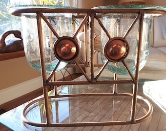 Vintage Blown Glass Double Candle Holder, Double Blown Glass Bowls in Metal Stand, Multipurpose Blown Glass Bowls in Stand