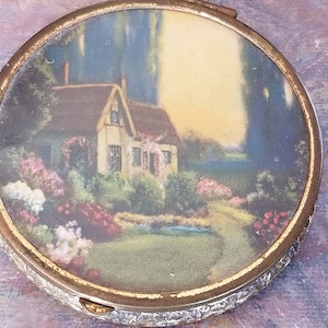 Vintage Art Deco Powder Compact, English Cottage Scene Powder Compact, Small Powder Compact in Embossed Metal Case