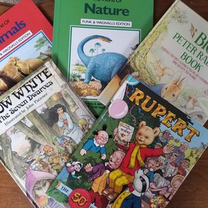Lot of 5 Hard Cover Children's Books, Peter Rabbit Book Things to Do, World of Animals, World of Nature, Rupert Bear, Snow White