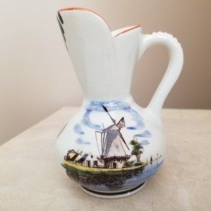 Delft Hand Painted Windmill Vase Made in Holland, Hand Painted Delft Pitcher Vase