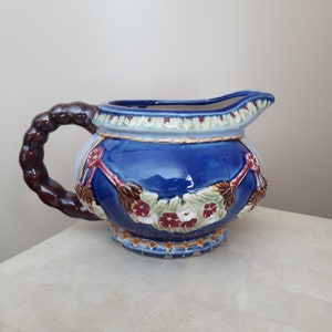 Vintage Nouveau Majolica Wanjiang Pottery Pitcher, Cobalt Blue Pottery Pitcher