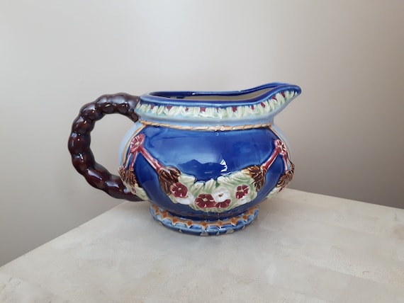 Vintage Majolica Pottery Pitcher: Cobalt Blue Wanjiang Vase