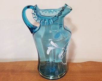 Hand Blown Art Glass Pitcher, Victorian Blown Glass Ruffle Top Pitcher with Enamel Paint Decoration, Ruffled Blue Glass Drink Pitcher