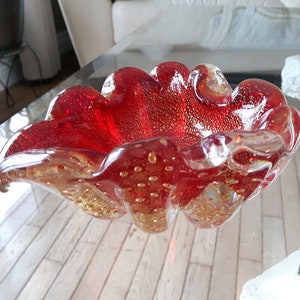 Vintage Controlled Bubble Murano Glass Dish, Red and Gold Heart Shaped Blown Glass Dish, Heavy Art Glass Ashtray