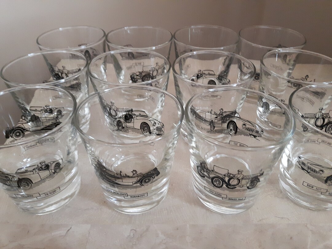 Vintage Old Fashioned Glasses With Antique Car Graphics, Set of 12 Vintage Heavy Bar Glasses