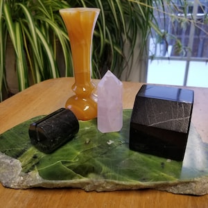 Assorted Lot of Polished Stone Pieces, Polished Marble Variety Lot, Green Marble Slab, Rose Quartz Point Tower, Marble Vase, Card Holder